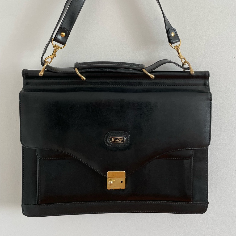 Black vintage briefcase bag with gold detailing- can fit 15” laptop.